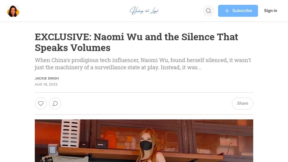 Screenshot of hackingbutlegal.com: Naomi Wu and the Silence That Speaks Volumes