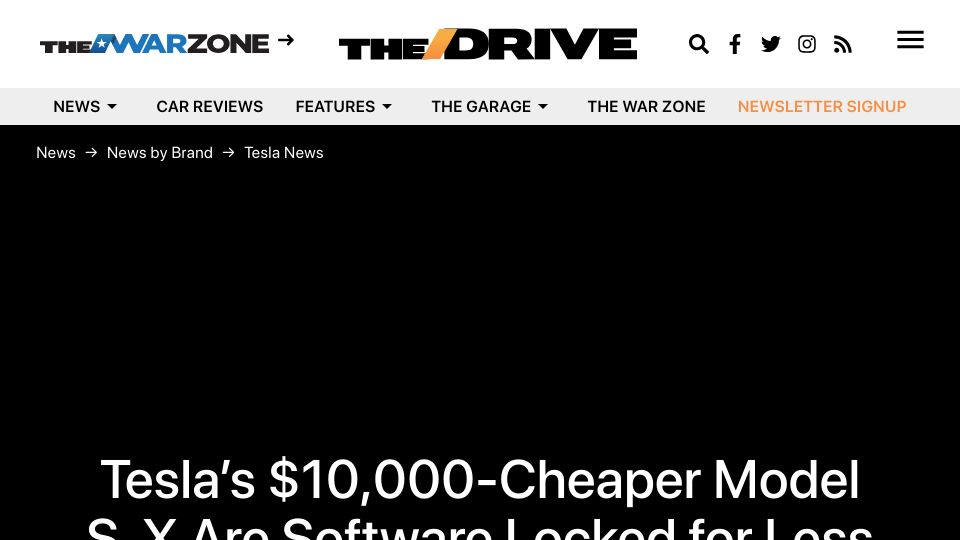 Screenshot of thedrive.com: Tesla’s $10k-Cheaper Model S, X Are Software Locked for Less Range: Report