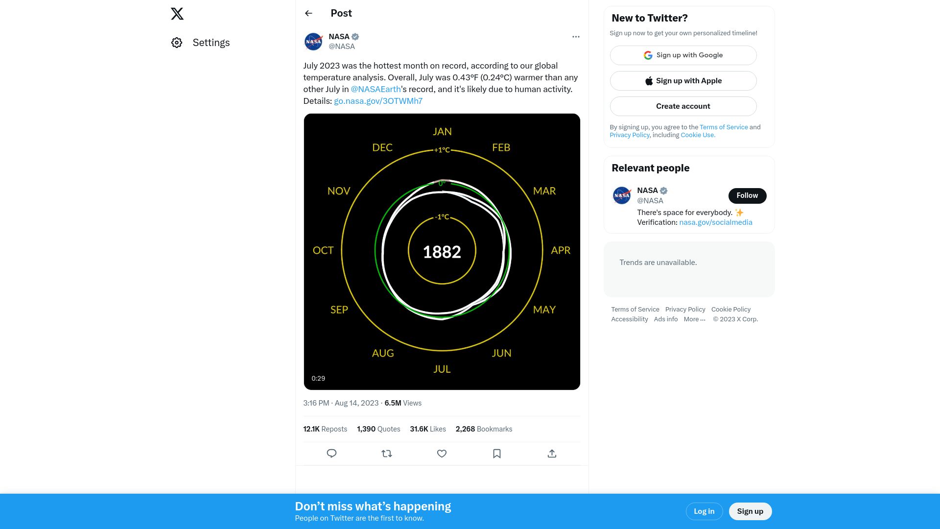Screenshot of twitter.com: July 2023 was the hottest month on record