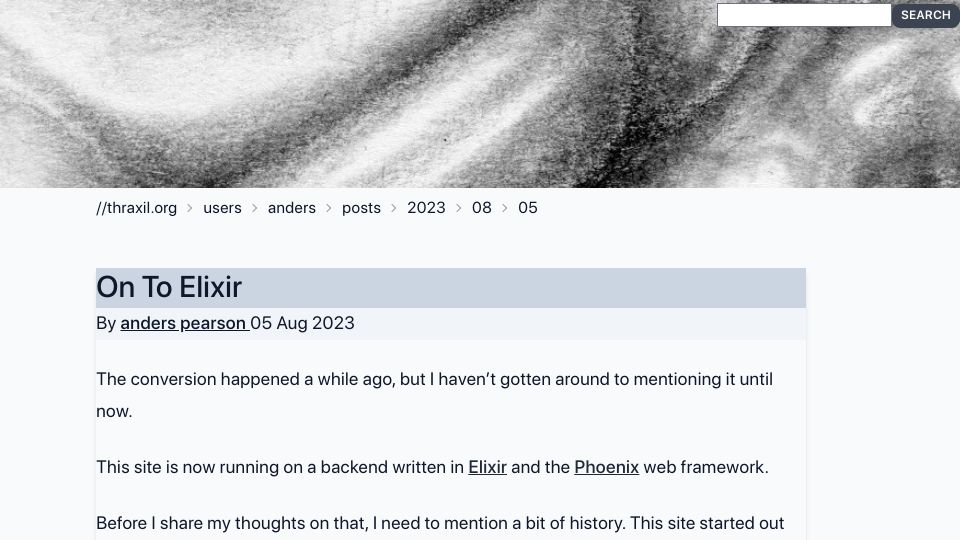 Screenshot of thraxil.org: On to Elixir