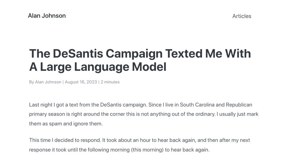 Screenshot of nalanj.dev: The DeSantis Campaign Texted Me with a Large Language Model