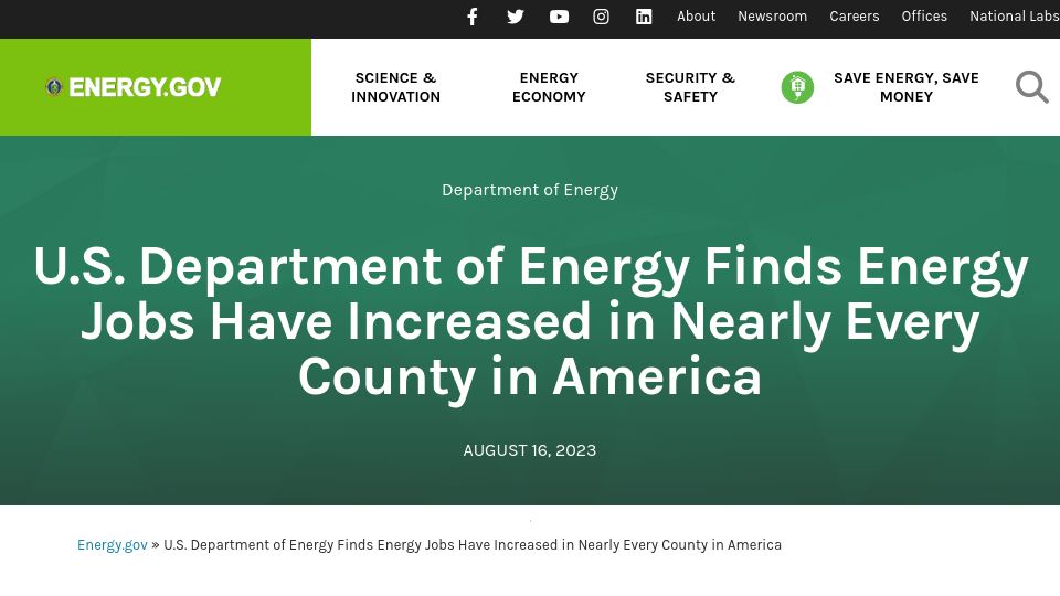 Screenshot of energy.gov: Energy Jobs Have Increased in Nearly Every County in America