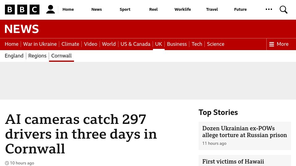 Screenshot of bbc.co.uk: AI cameras catch 297 drivers in three days in Cornwall