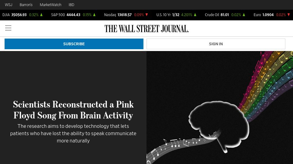 Screenshot of wsj.com: Scientists Reconstructed a Pink Floyd Song from Brain Activity