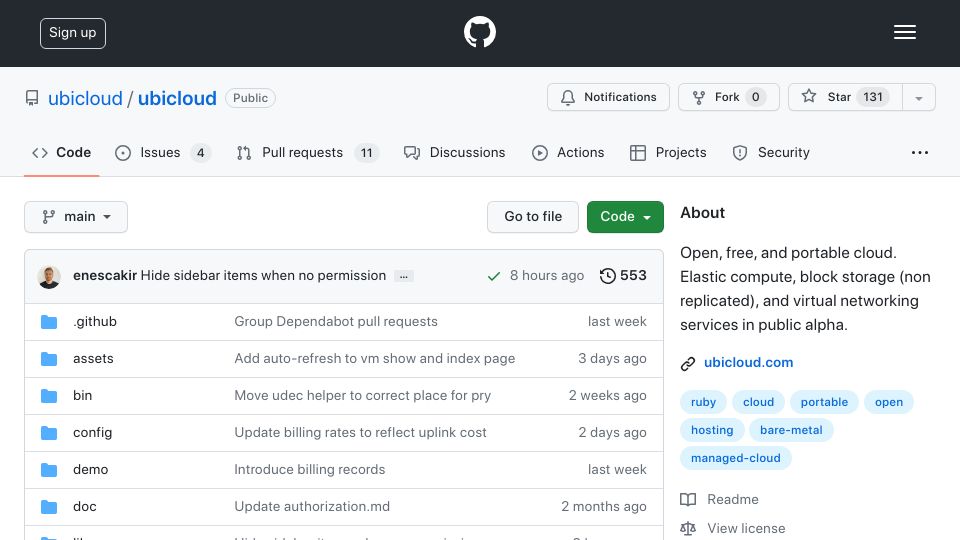 Screenshot of github.com: Ubicloud – open, free and portable cloud