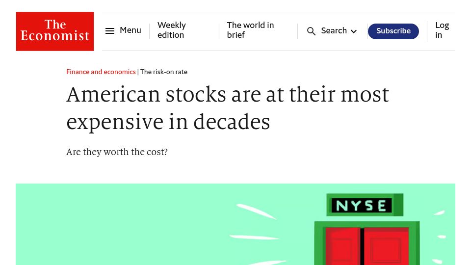 Screenshot of economist.com: American stocks are at their most expensive in decades