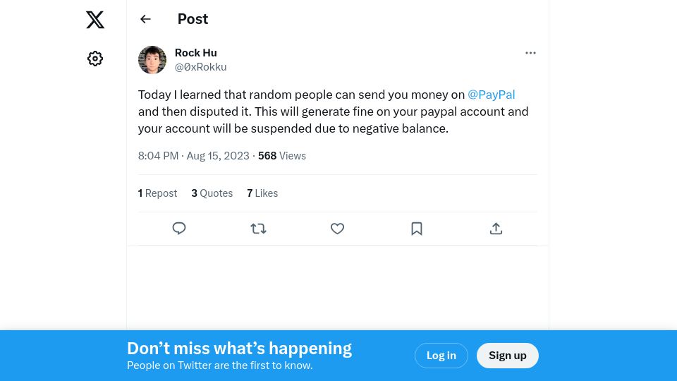 Screenshot of twitter.com: Today I learned that random people can send you money on PayPal and disputed it