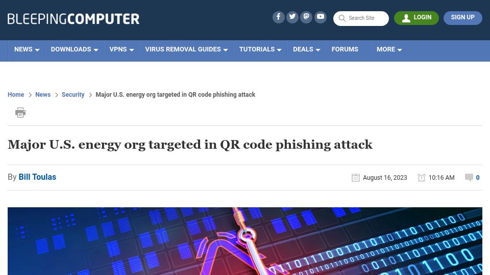 Screenshot of bleepingcomputer.com: Major U.S. energy org targeted in QR code phishing attack