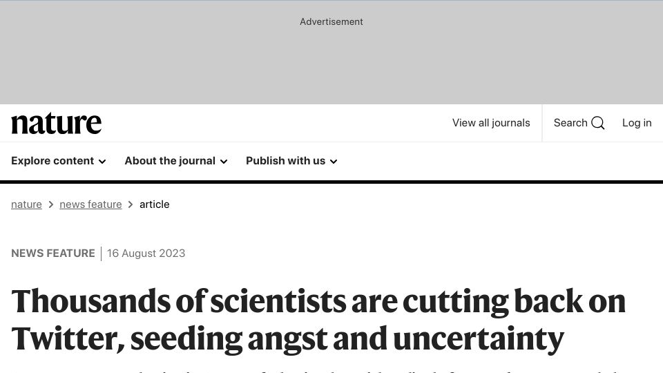 Screenshot of nature.com: Thousands of scientists are cutting back on Twitter