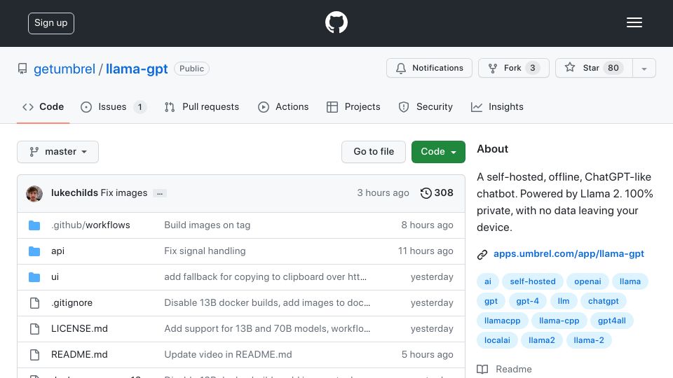Screenshot of github.com: Show HN: LlamaGPT – Self-hosted, offline, private AI chatbot, powered by Llama 2