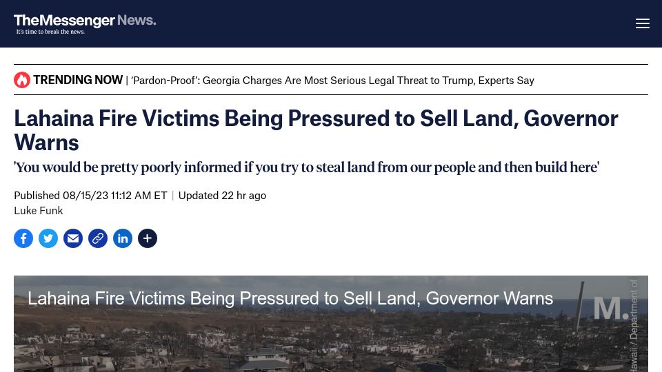 Screenshot of themessenger.com: Lahaina Fire Victims Being Pressured to Sell Land