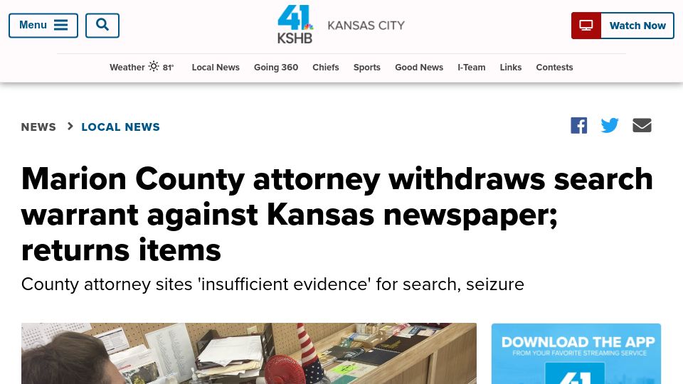 Screenshot of kshb.com: Marion County atty withdraws search warrant against Kansas paper, returns items
