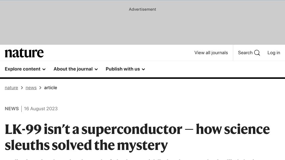 Screenshot of nature.com: LK-99 isn’t a superconductor
