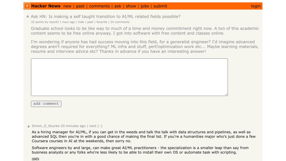 Screenshot of Hacker News post: Ask HN: Is making a self taught transition to AI/ML related fields possible?