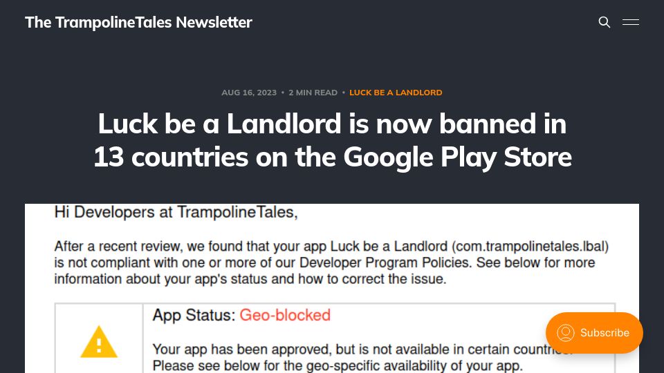 Screenshot of blog.trampolinetales.com: Luck be a Landlord is now banned in 13 countries on the Google Play Store