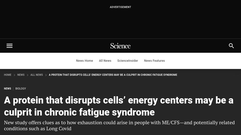 Screenshot of science.org: A protein that disrupts cells’ energy centers may be a culprit in CFS/ME