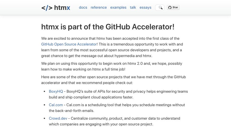 Screenshot of htmx.org: Htmx is part of the GitHub Accelerator