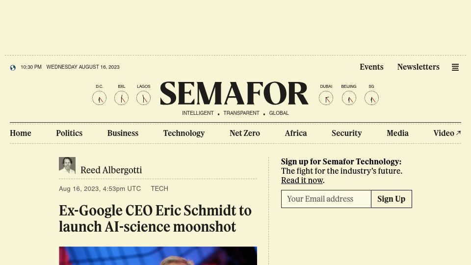 Screenshot of semafor.com: Ex-Google CEO Eric Schmidt to Launch AI-Science Moonshot