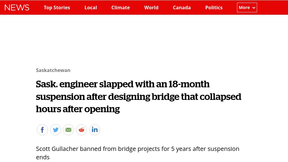 Screenshot of cbc.ca: Engineer slapped with suspension after bridge collapsed hours after opening