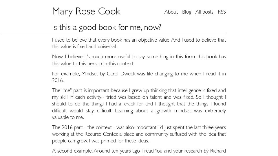 Screenshot of maryrosecook.com: Is this a good book for me, now?