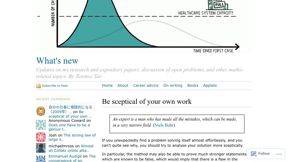 Screenshot of terrytao.wordpress.com: Be sceptical of your own work (2009)