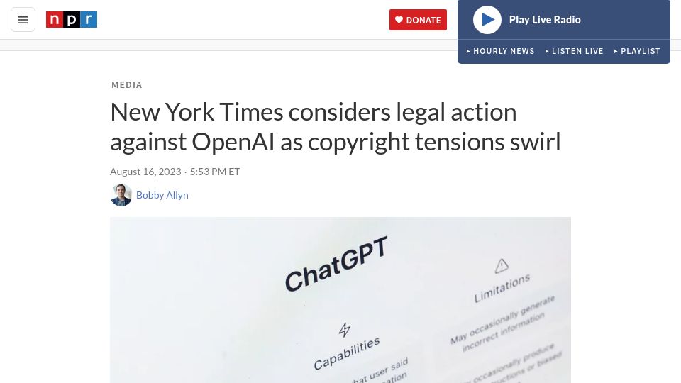 Screenshot of npr.org: New York Times considers legal action against OpenAI as copyright tensions swirl