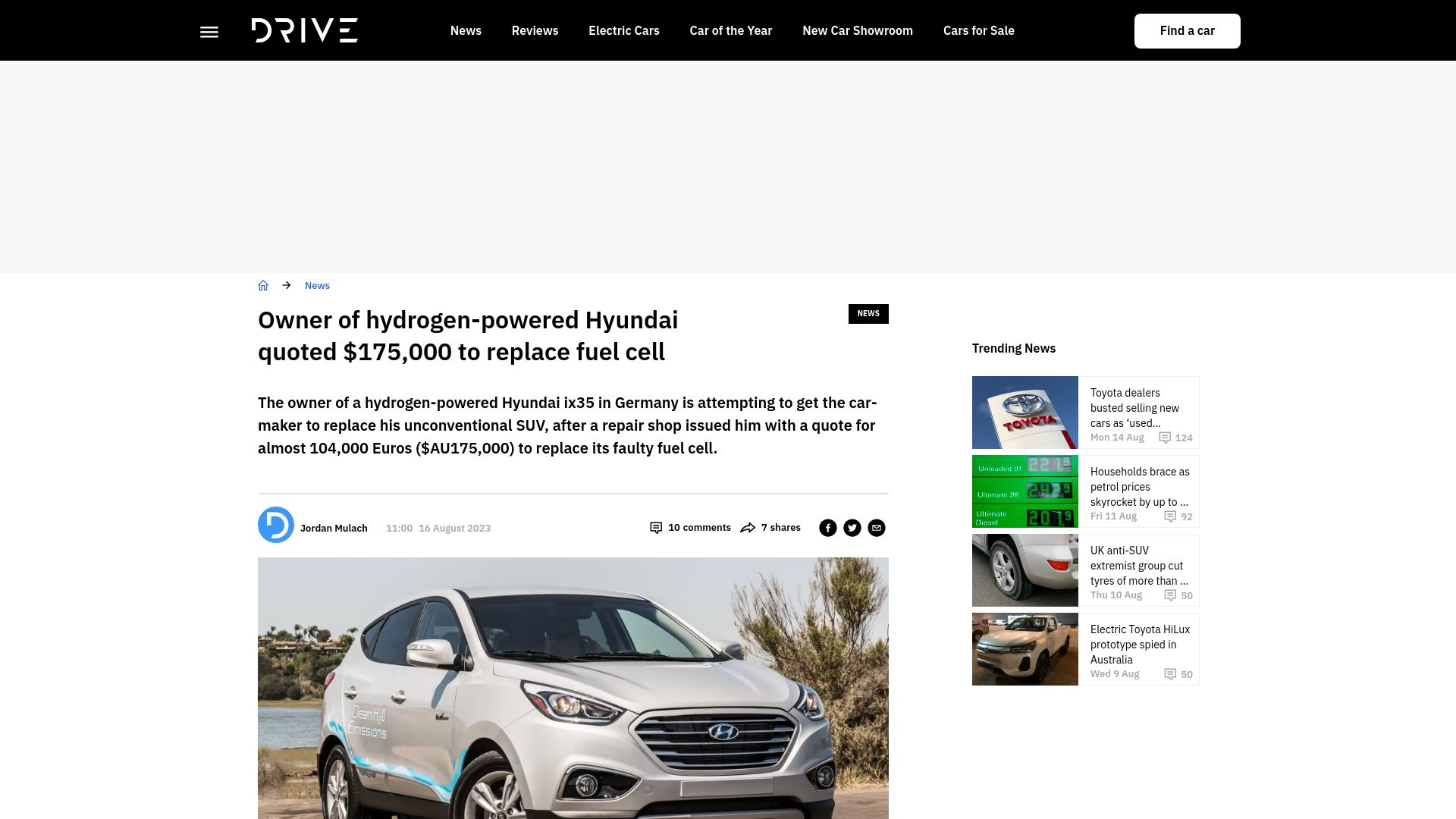 Screenshot of drive.com.au: Owner of hydrogen-powered Hyundai quoted $175,000 to replace fuel cell