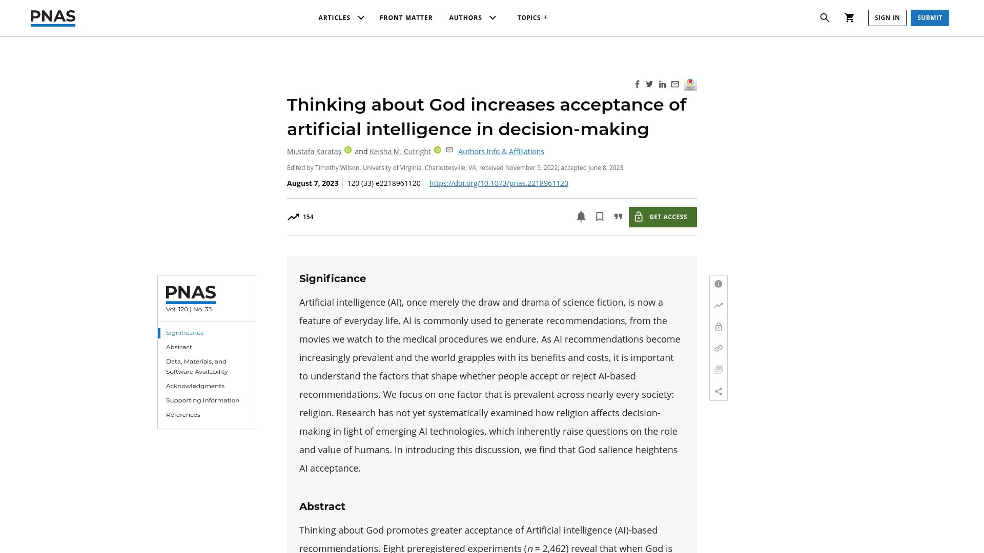 Screenshot of pnas.org: Thinking about God increases acceptance of AI in decision-making