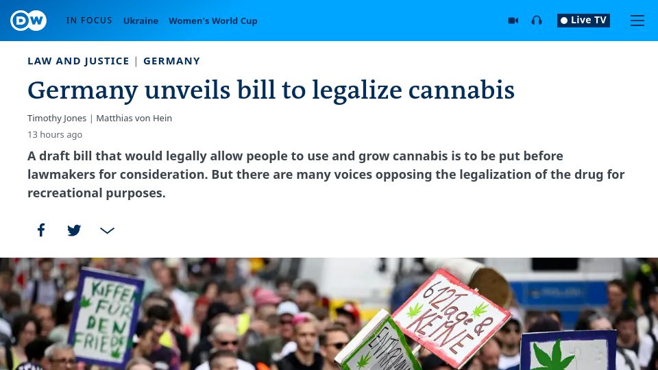Screenshot of dw.com: Germany unveils bill to legalize cannabis