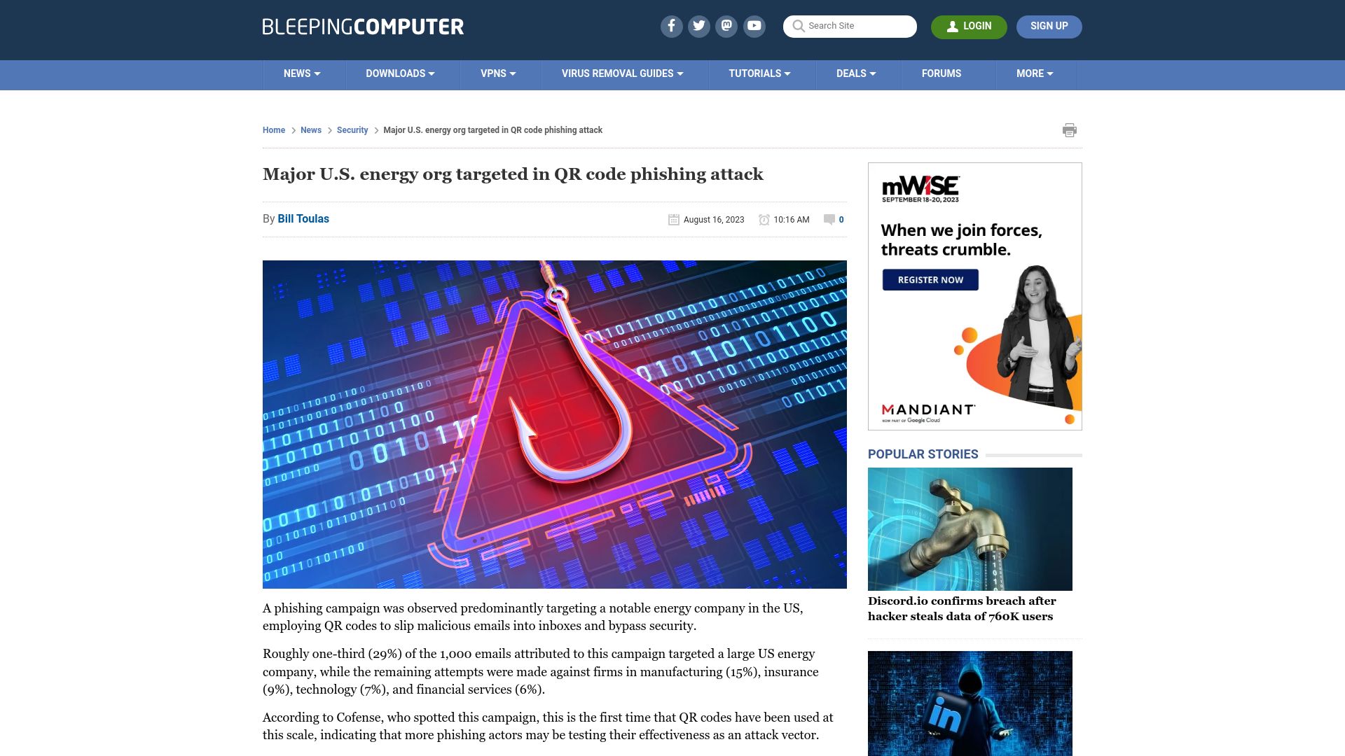 Screenshot of bleepingcomputer.com: Major U.S. energy org targeted in QR code phishing attack