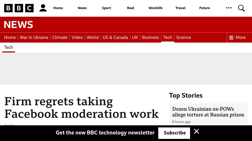 Screenshot of bbc.com: Firm regrets taking Facebook moderation work