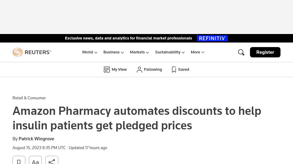 Screenshot of reuters.com: Amazon Pharmacy automates discounts to help insulin patients get pledged prices