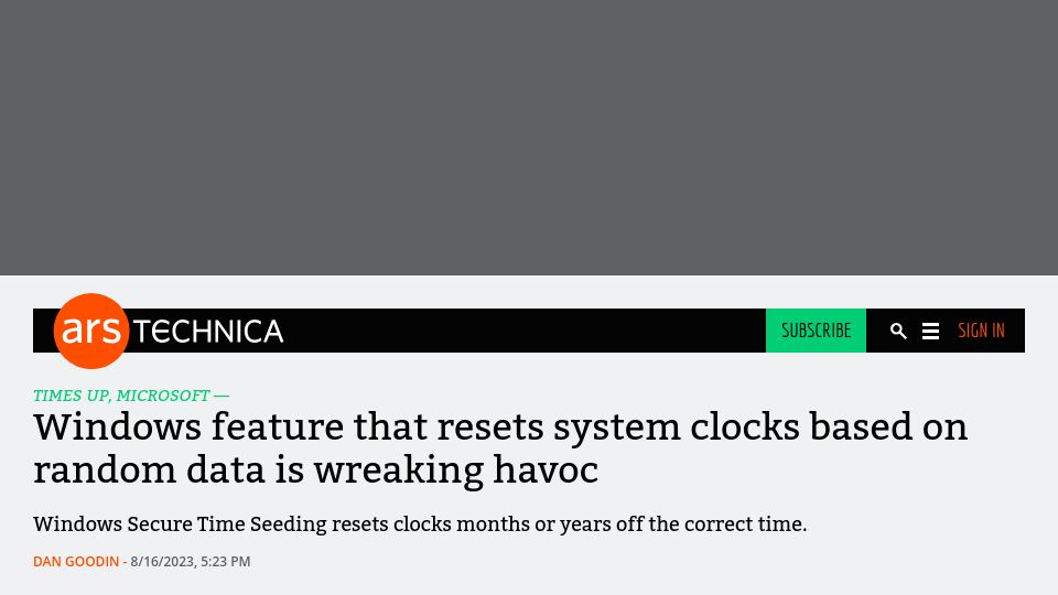 Screenshot of arstechnica.com: Windows feature that resets system clocks based on random data is wreaking havoc