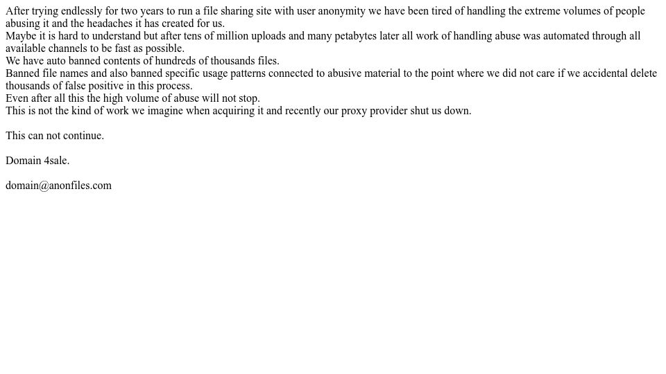 Screenshot of anonfiles.com: Anonfiles is shutting down