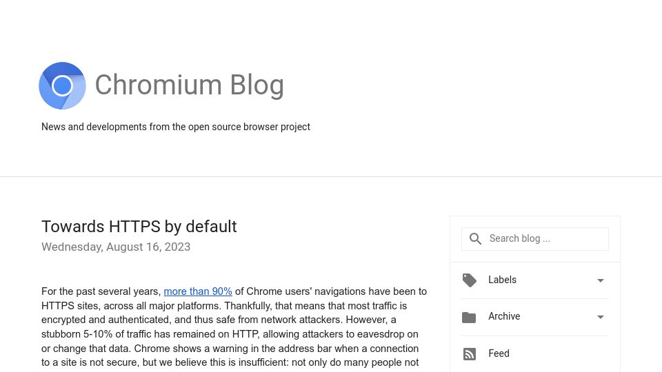 Screenshot of blog.chromium.org: Towards HTTPS by Default