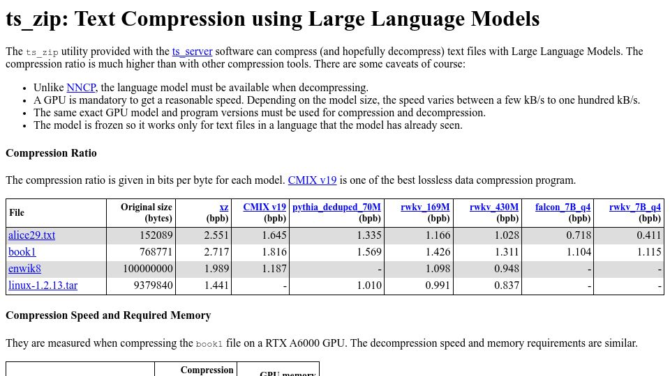 Screenshot of bellard.org: Ts_zip: Text Compression Using Large Language Models