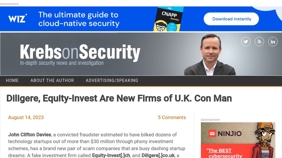 Screenshot of krebsonsecurity.com: Diligere, Equity-Invest Are New Firms of U.K. Con Man