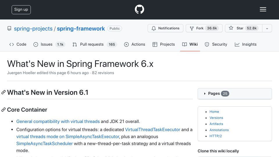 Screenshot of github.com: Spring 6.1 now compatible with virtual threads and JDK 21