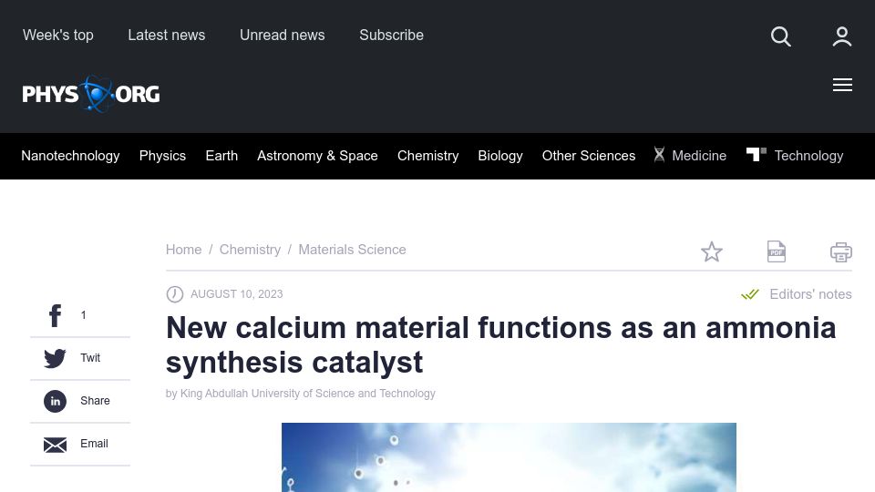 Screenshot of phys.org: New calcium material functions as an ammonia synthesis catalyst