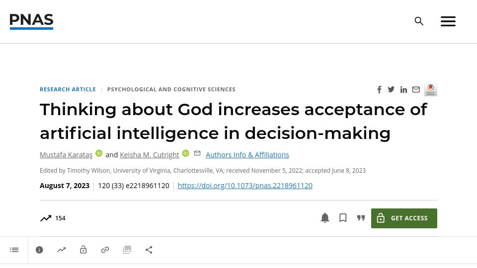 Screenshot of pnas.org: Thinking about God increases acceptance of AI in decision-making