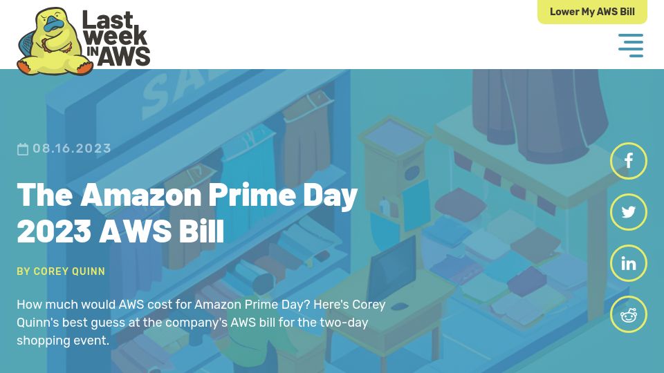 Screenshot of lastweekinaws.com: The Amazon Prime Day 2023 AWS Bill