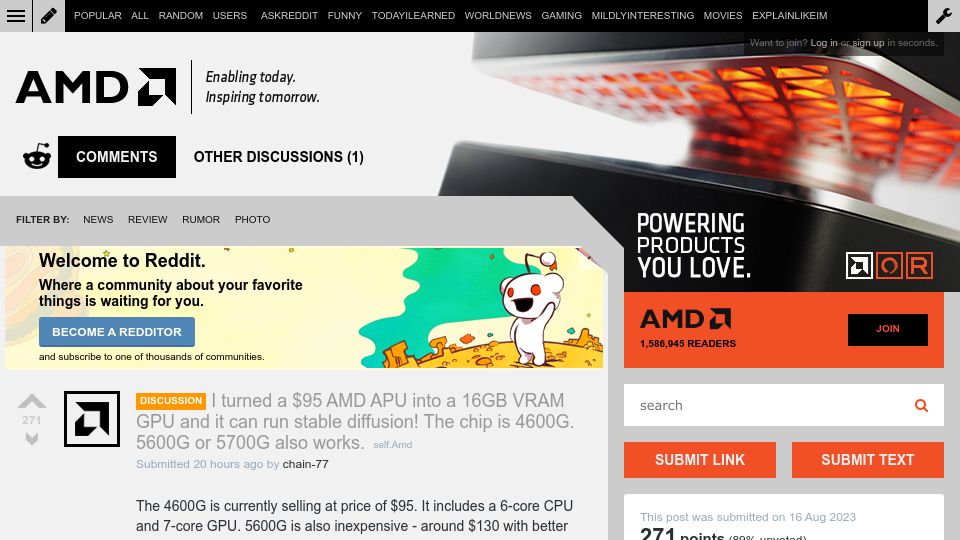 Screenshot of old.reddit.com: AMD Ryzen APU turned into a 16GB VRAM GPU and it can run Stable Diffusion
