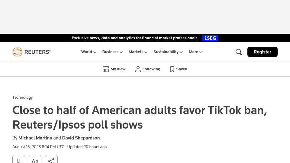 Screenshot of reuters.com: Close to half of American adults favor TikTok ban, Reuters/Ipsos poll shows