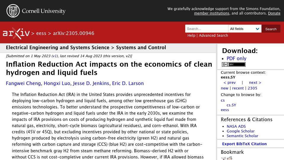 Screenshot of arxiv.org: Inflation Reduction Act impacts on the economics of hydrogen and liquid fuels
