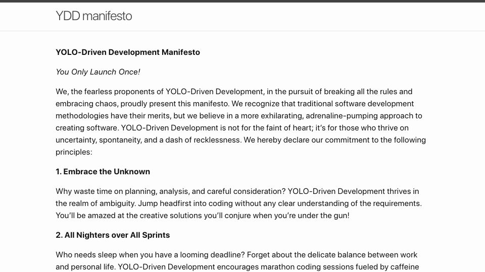 Screenshot of andersoncardoso.github.io: YOLO-Driven Development Manifesto