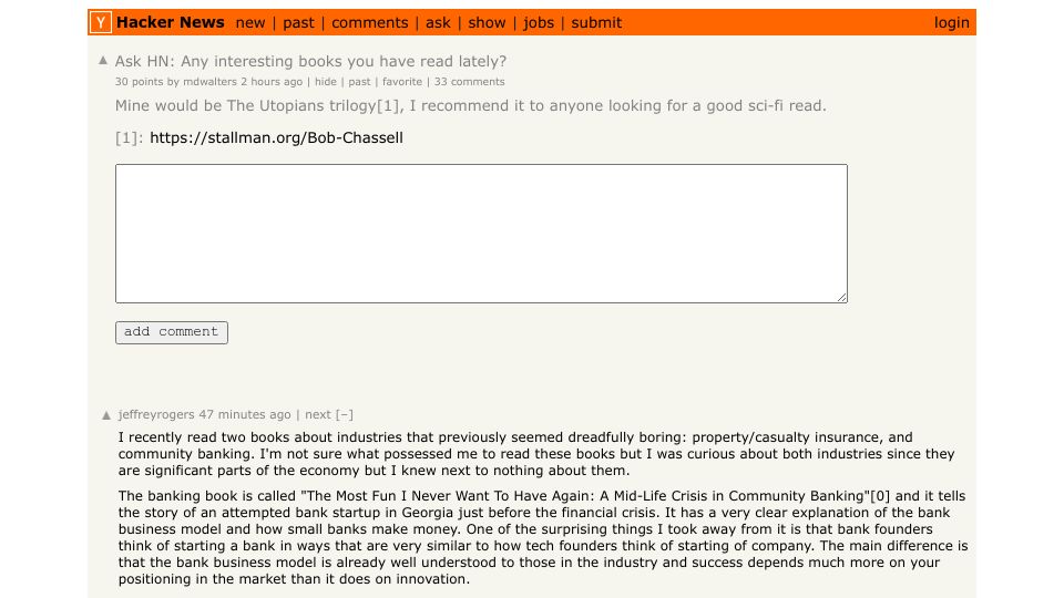 Screenshot of Hacker News post: Ask HN: Any interesting books you have read lately?