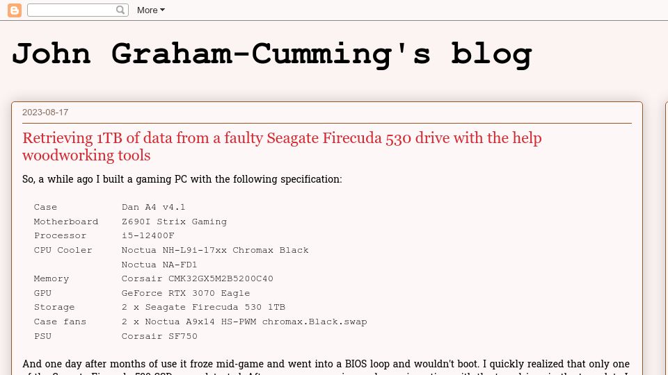 Screenshot of blog.jgc.org: Retrieving 1TB of data from a faulty drive with the help of woodworking tools
