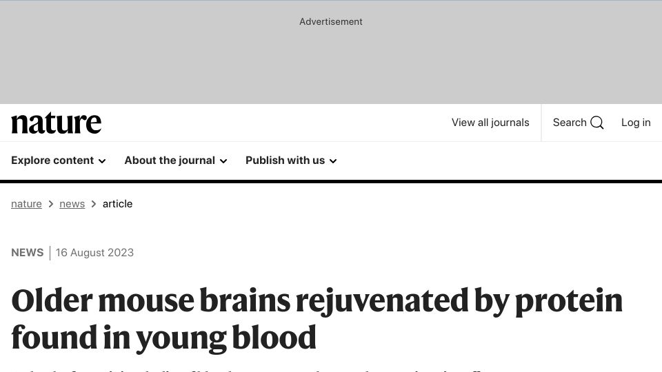 Screenshot of nature.com: Older mouse brains rejuvenated by protein found in young blood