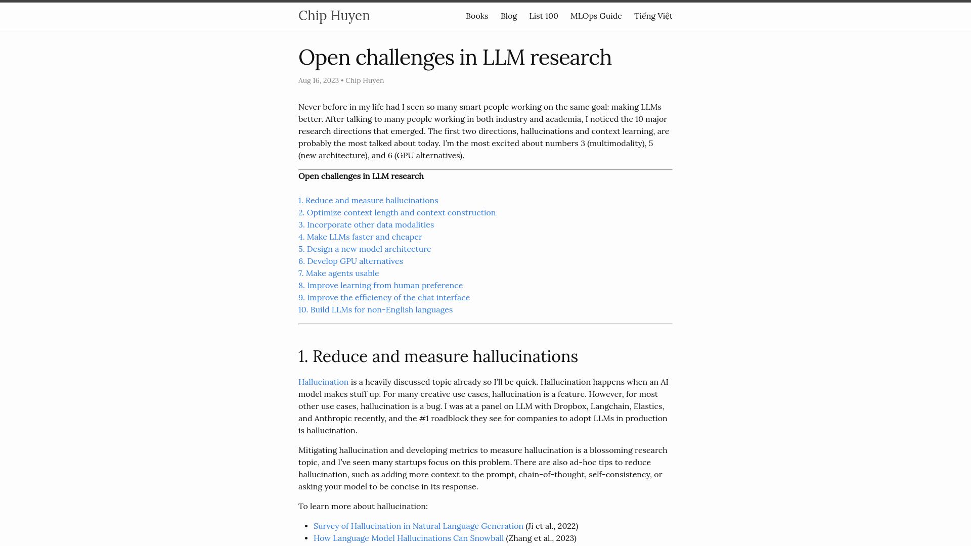Screenshot of huyenchip.com: Open Challenges in LLM Research