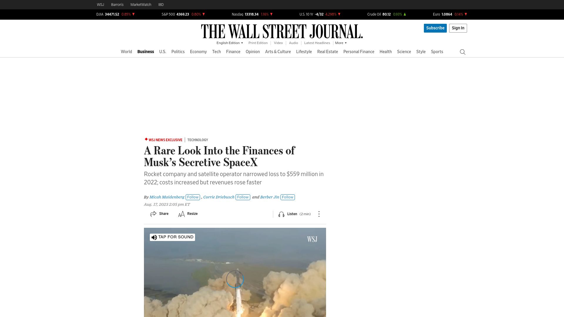 Screenshot of wsj.com: A look into the finances of SpaceX